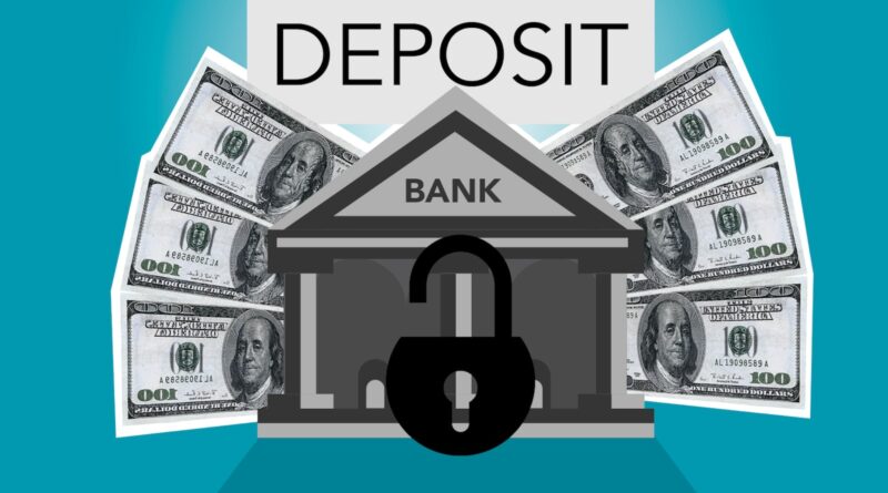 Decorative cardboard illustration of lock on bank with American paper money under Deposit inscription on blue background