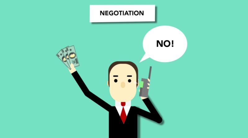 Concept illustration of man with money saying no to offer during business negations on phone