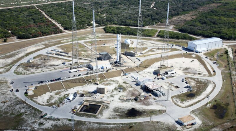 Spaceport ready to launch rocket on sunny day