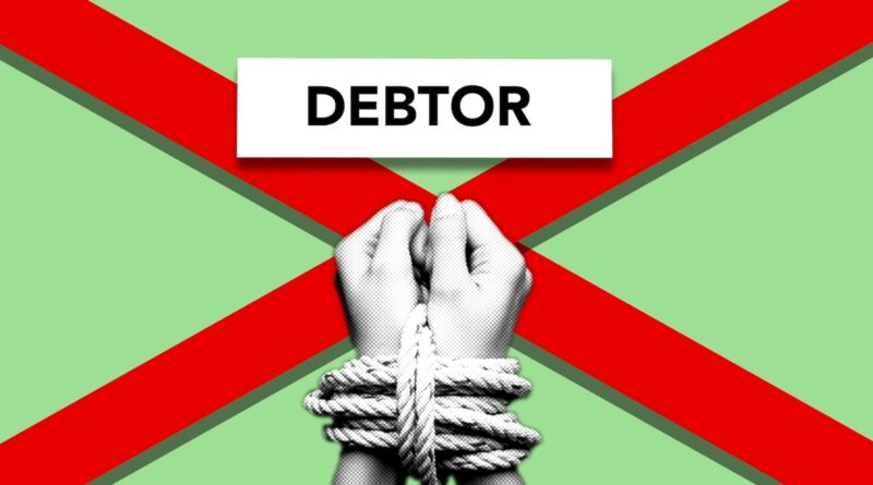 Illustration of debtor with hands tied with rope against cross symbolizing dependence on credit against green background