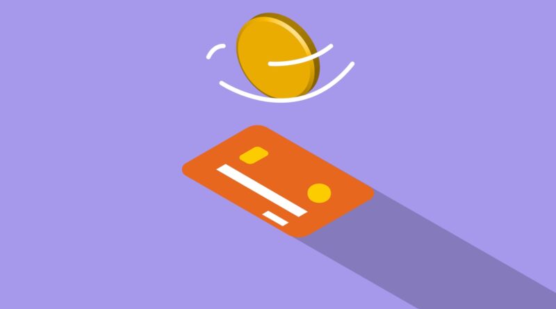 Creative graphic illustration of golden coin spinning above credit card on violet background