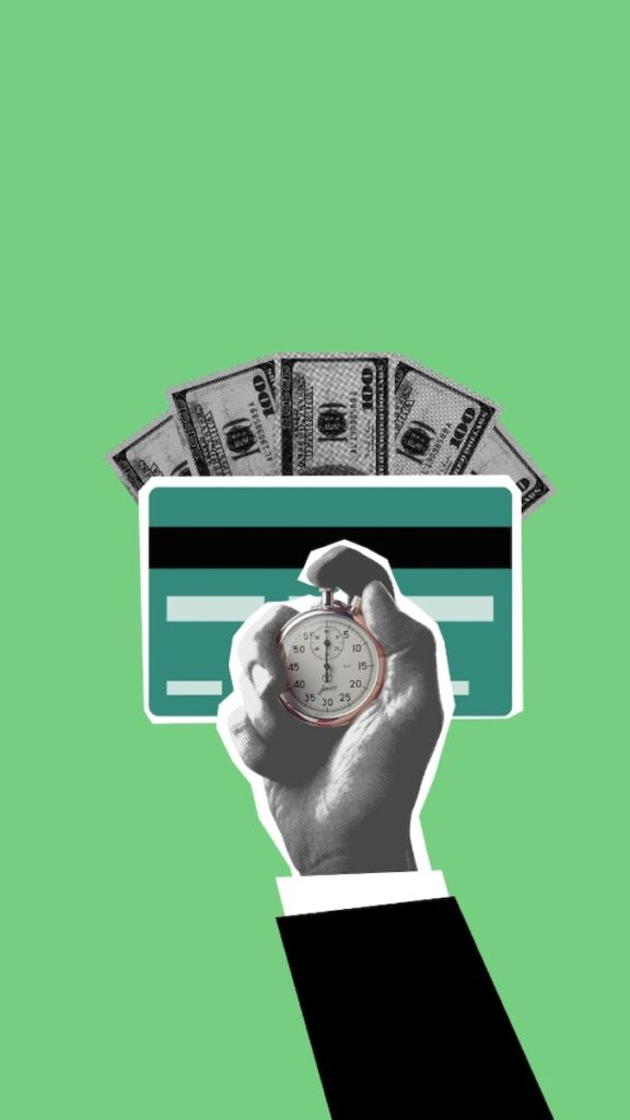 Illustration of cutout person hand timing stopwatch against credit card and cash money on green background